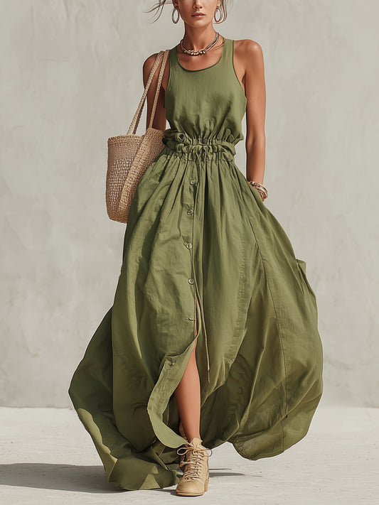 Green Sleeveless Cotton Blend Button Down Maxi Dress