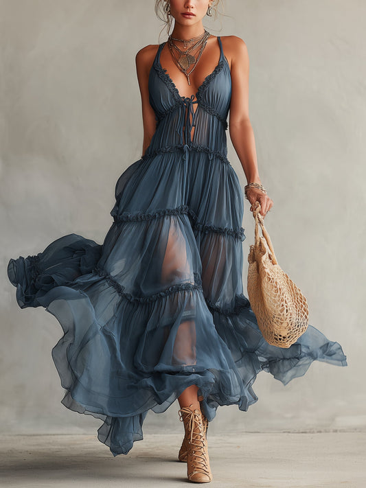 Blue Chiffon Tie Strap Maxi Dress