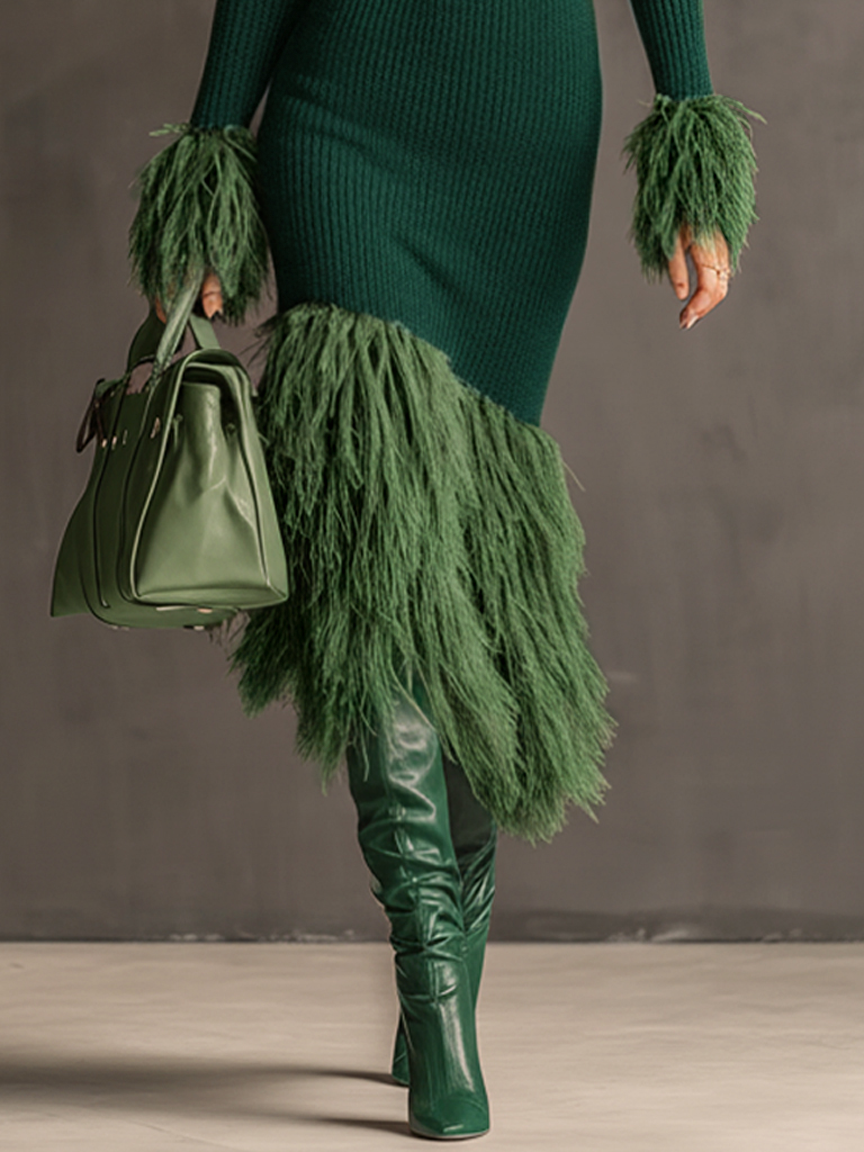 24-Hour-Shipping Emerald Knit Patchwork Eco Faux Fur Long Sleeve Bodycon Dress
