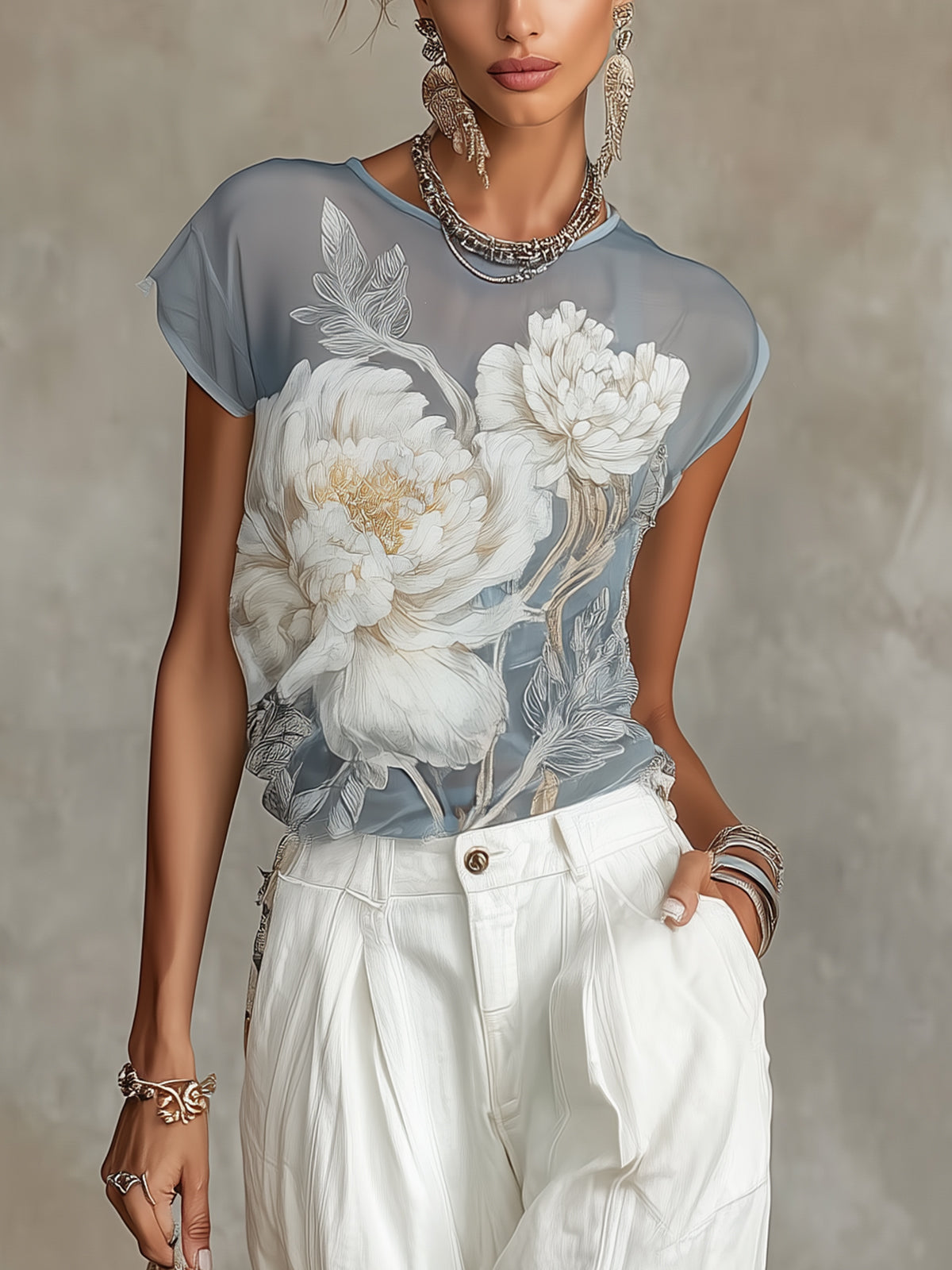 Sheer Blue Floral Print Chiffon Blouse