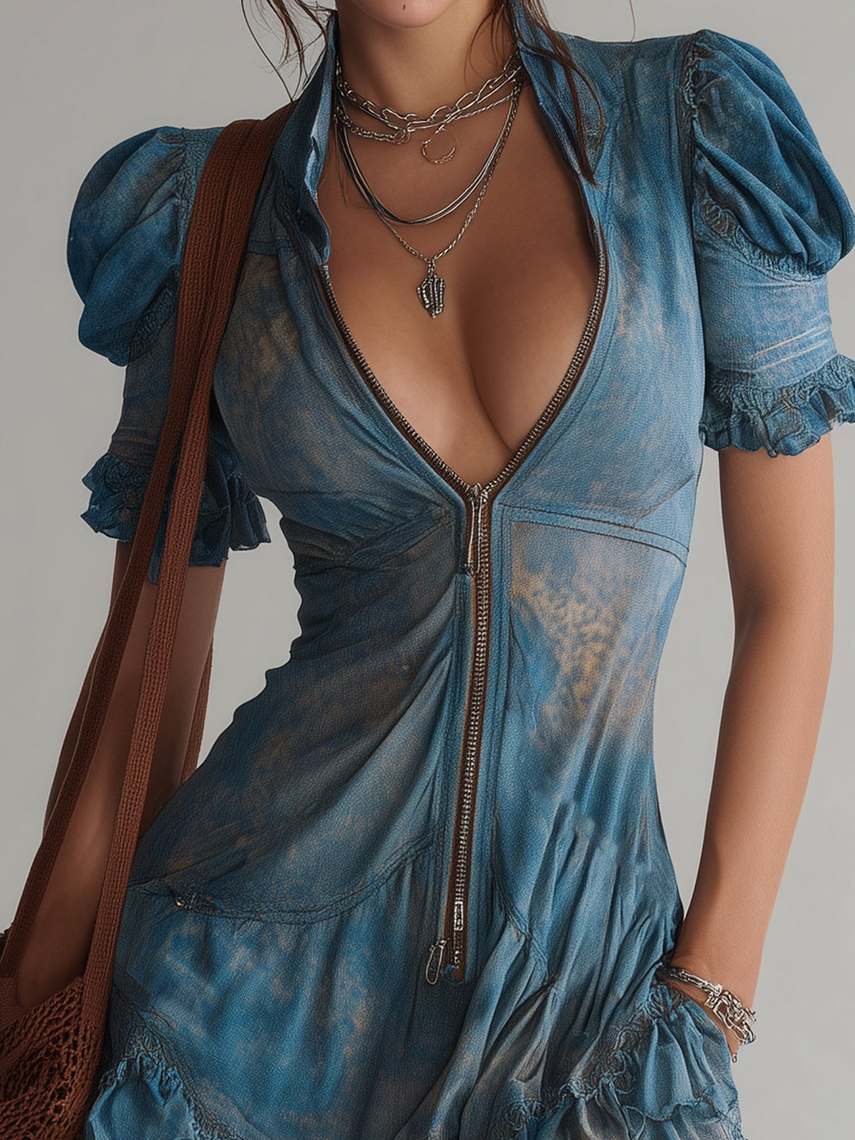 Blue Chiffon Floral Zip Up Mini Dress