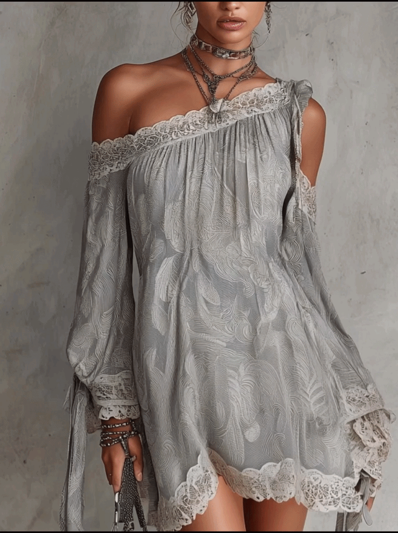 Light Gray Paisley Print Chiffon One Shoulder Lace Trim Mini Dress