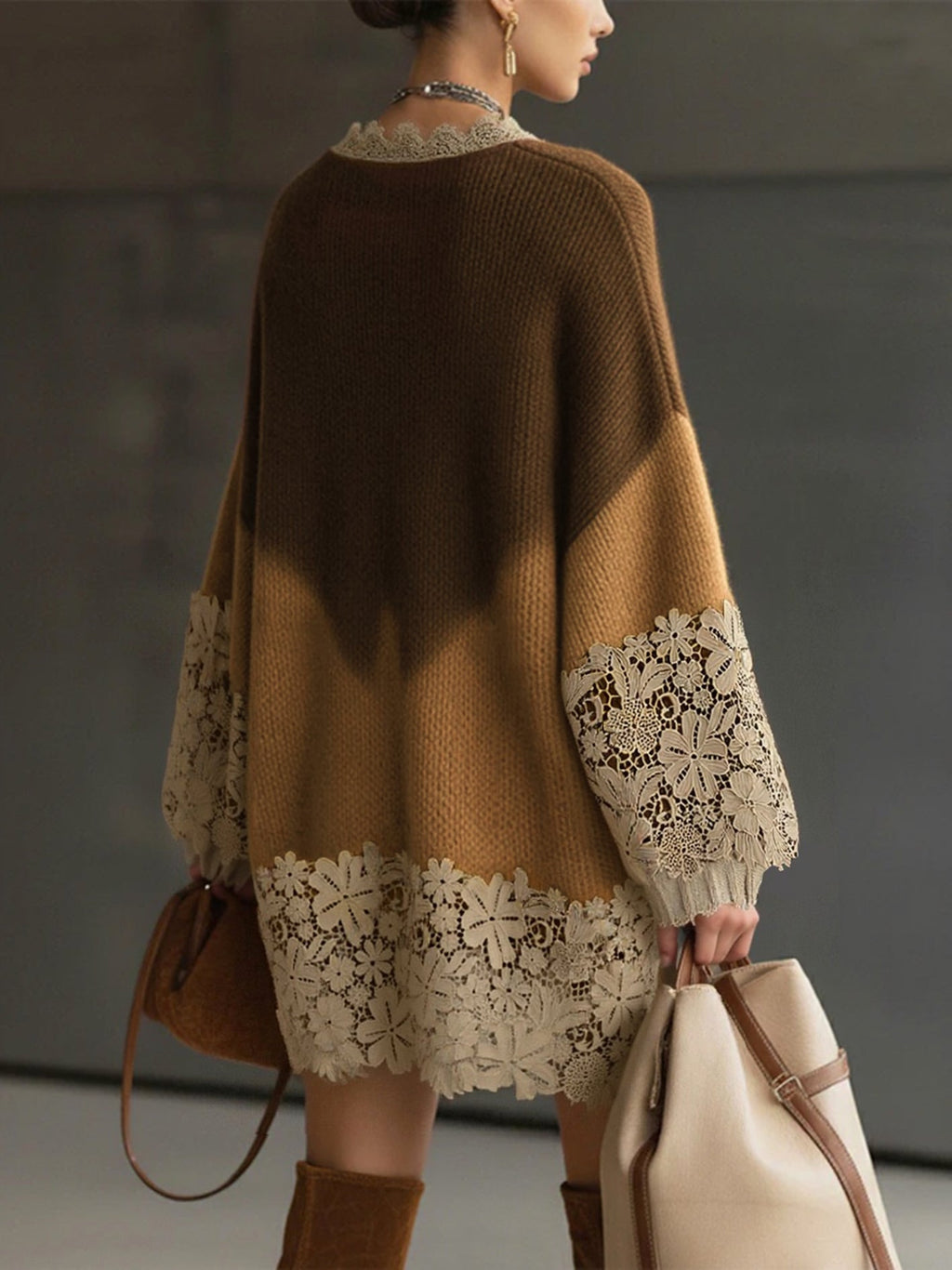 24-Hour-Shipping Brown Ombre Knit Lace Oversized Long Sleeve Mini Dress