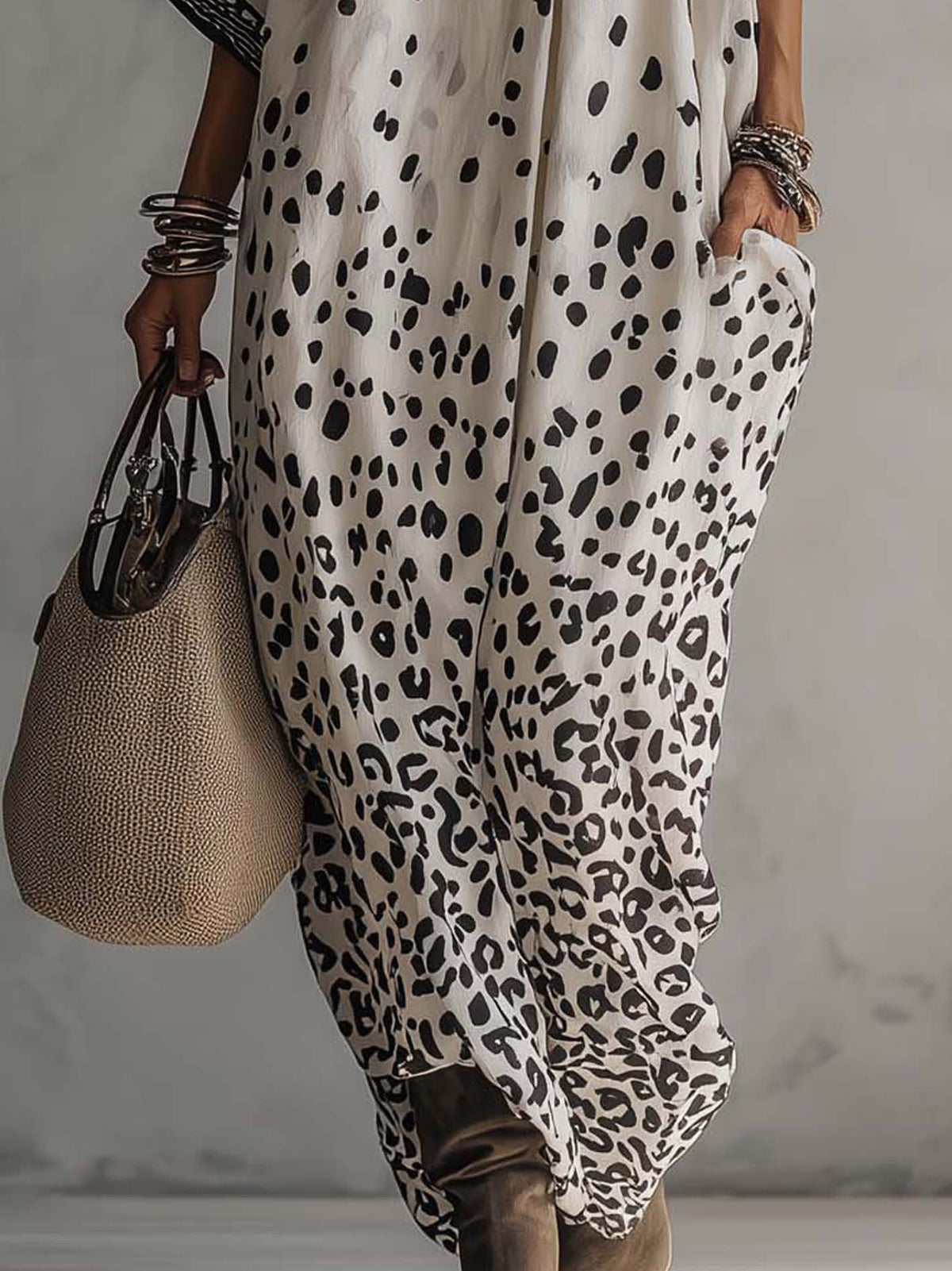 Light Gray Gradient Leopard Print Chiffon Maxi Dress