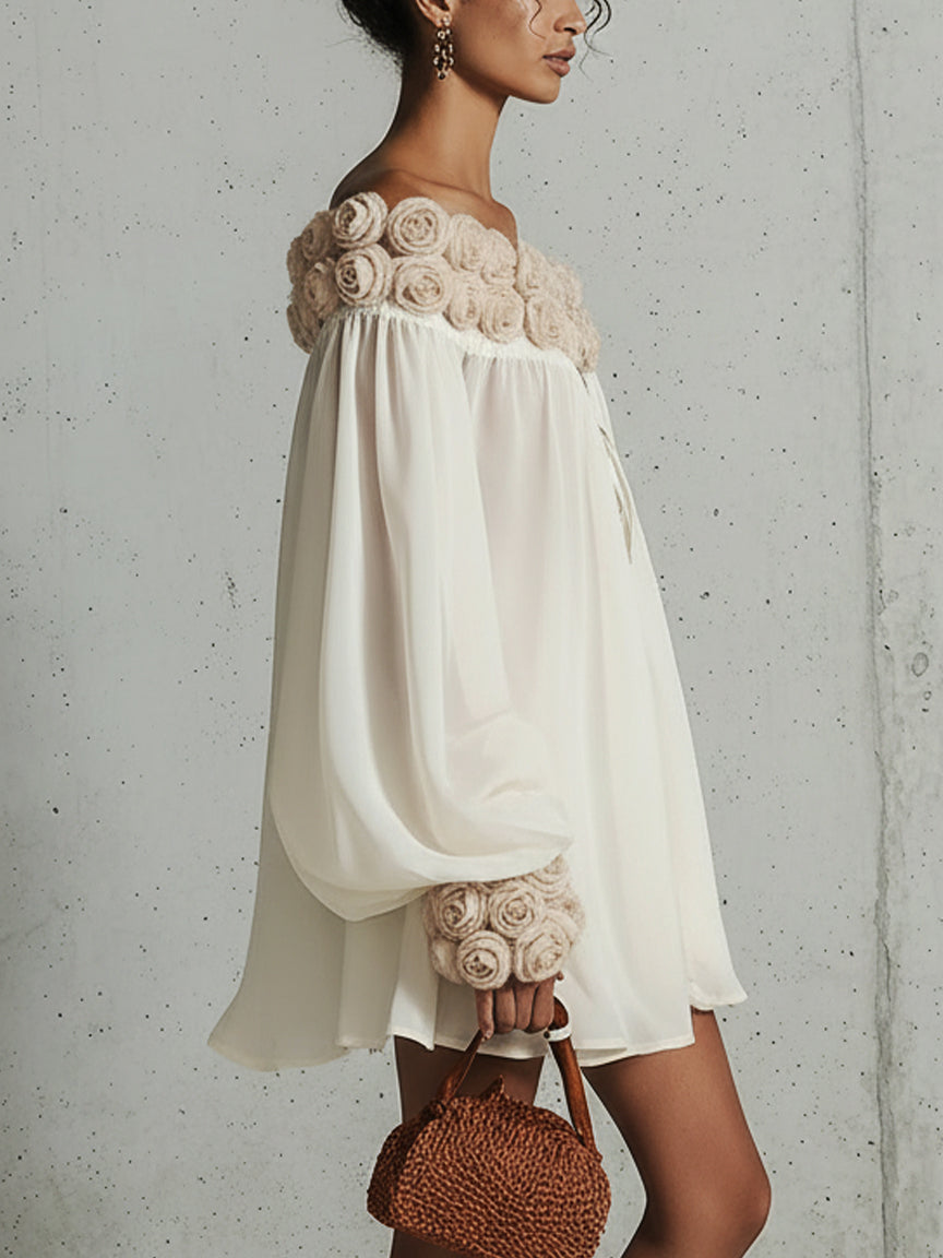 Cream 3D Floral Chiffon Zip Mini Dress