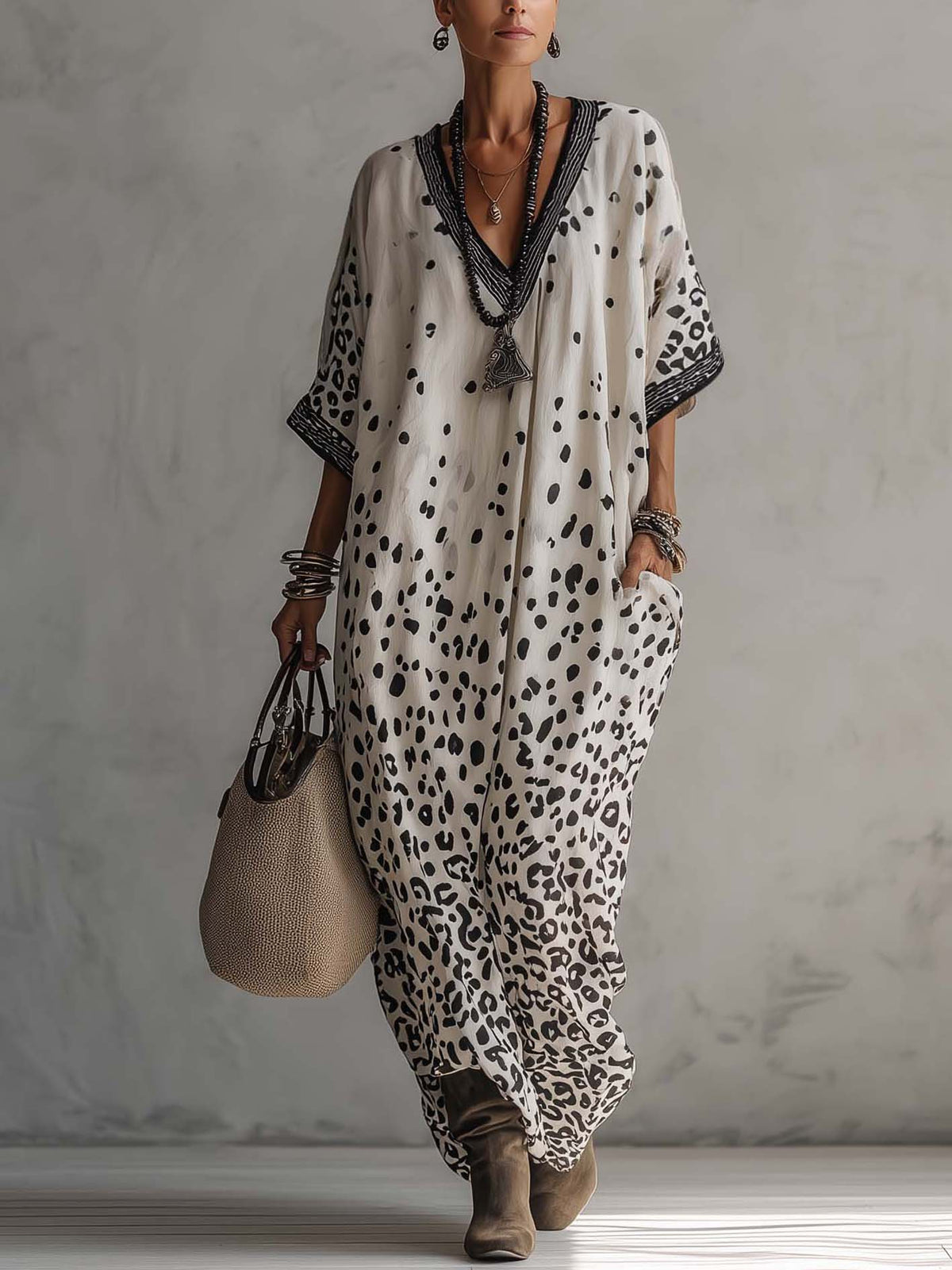 Light Gray Gradient Leopard Print Chiffon Maxi Dress