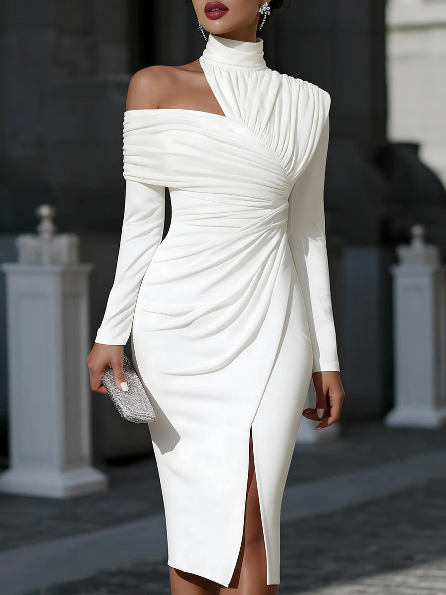 Elegant One-Shoulder Ruched Bodycon Midi Dress