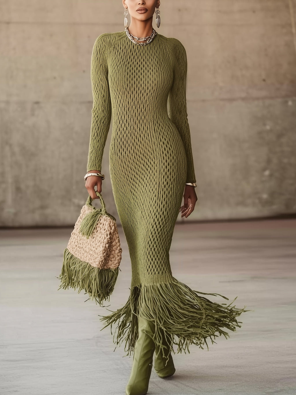 24-Hour-Shipping Olive Green Knit Fringe Hem Bodycon Maxi Dress
