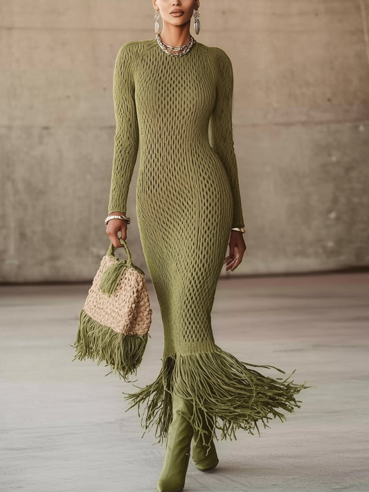 24-Hour-Shipping Olive Green Knit Fringe Hem Bodycon Maxi Dress