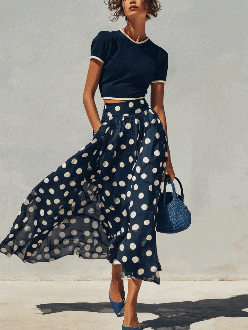 Navy Knit Top And Polka Dot Chiffon Skirt Set