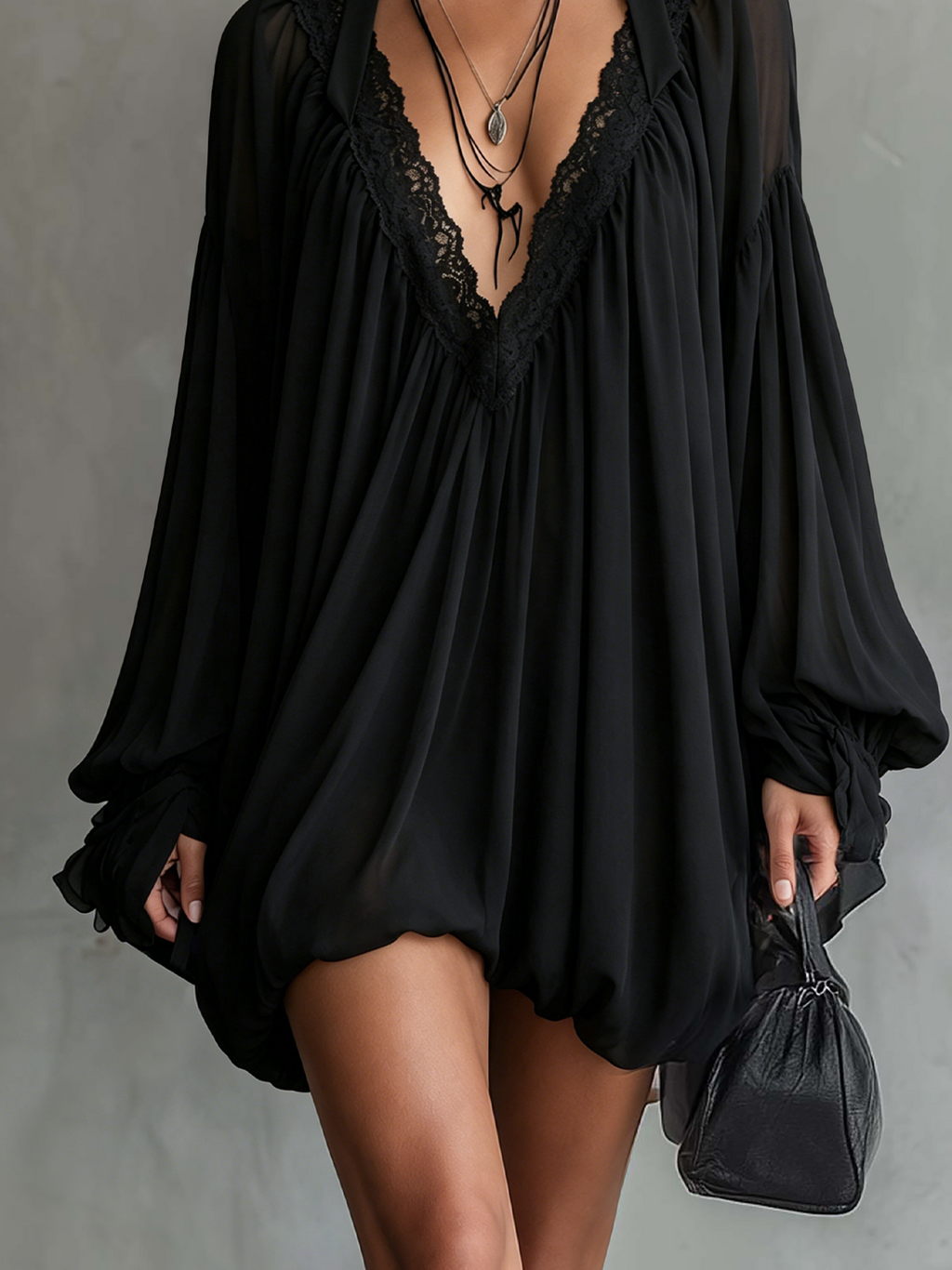 Black Chiffon Halter Mini Dress With Lace Neckline