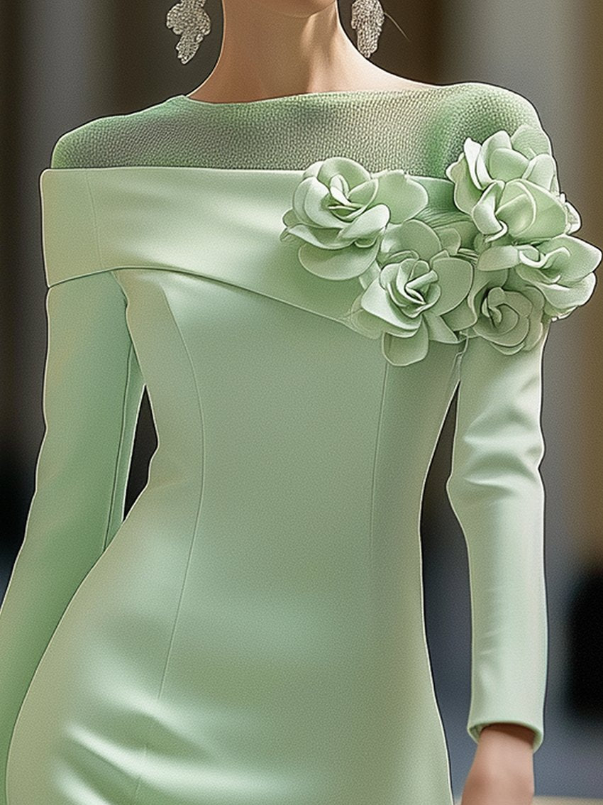 24-Hour-Shipping Light Green Midi Pencil Dress With Mesh And 3D Flower Decoration