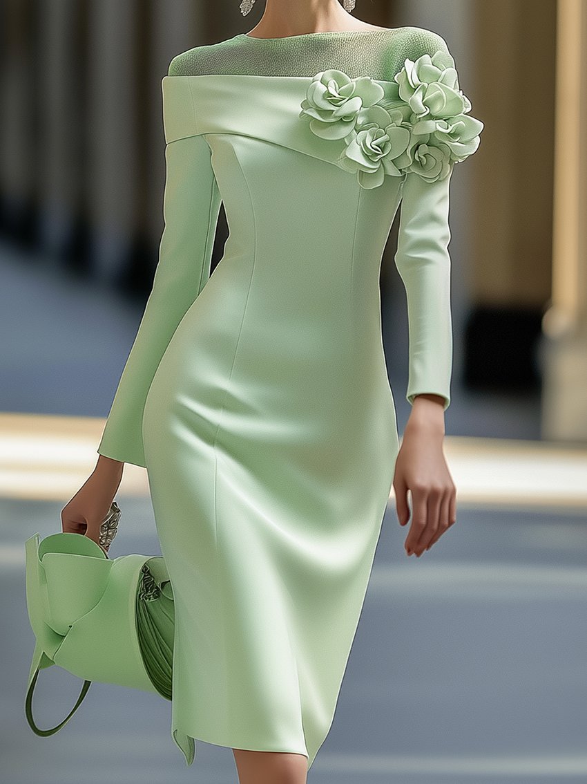 24-Hour-Shipping Light Green Midi Pencil Dress With Mesh And 3D Flower Decoration